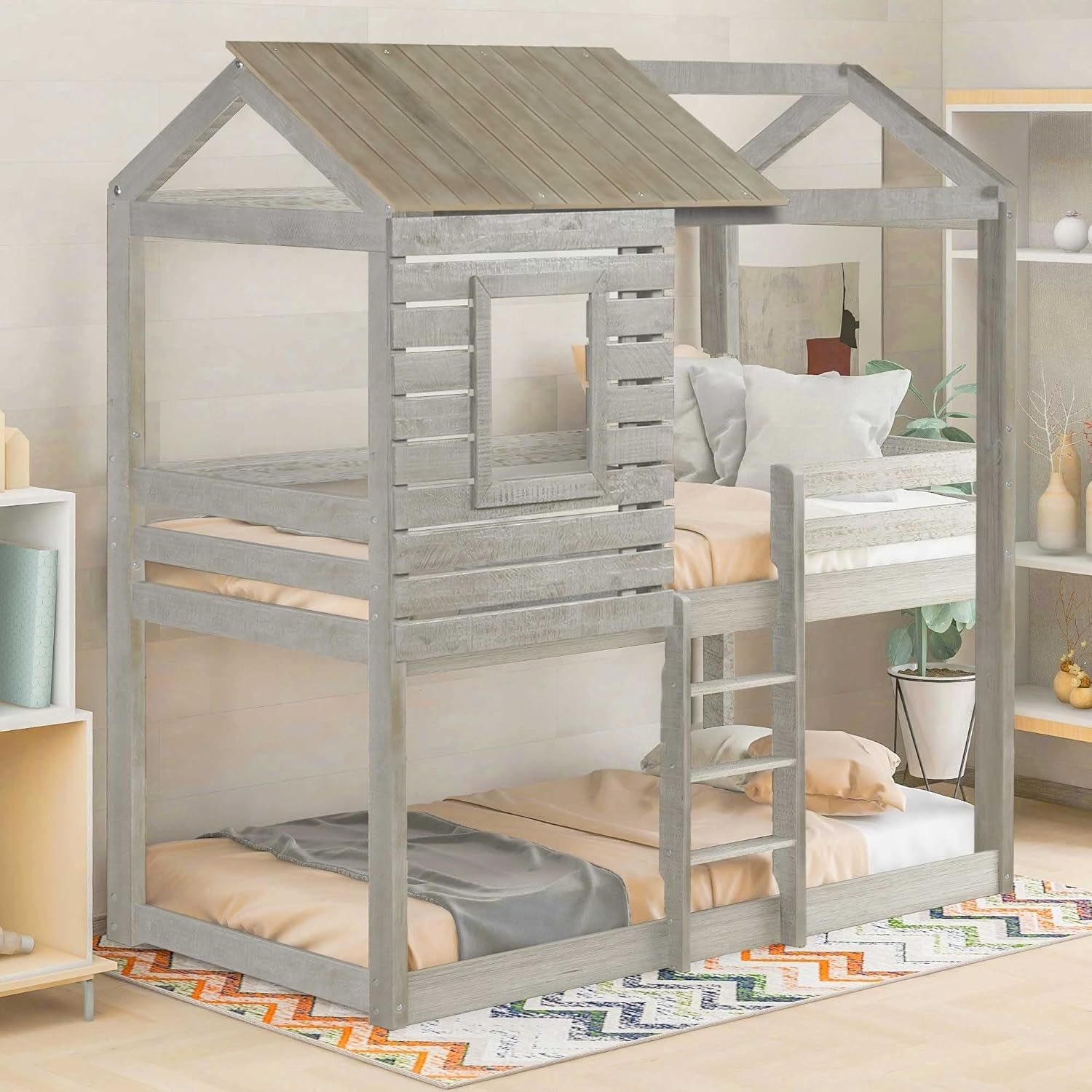 Twin House Bunk Bed, Floor Playhouse Bunk Beds for Kids, Twin over Twin House Shaped Bunk Bed with Roof, Antique Grey