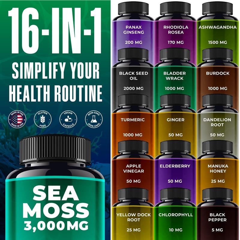 Sea Moss Black Seed Oil Ashwagandha Ginger - Advanced Irish Sea Moss Capsules All in One Supplement