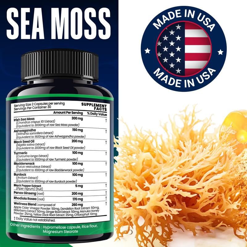 Sea Moss Black Seed Oil Ashwagandha Ginger - Advanced Irish Sea Moss Capsules All in One Supplement