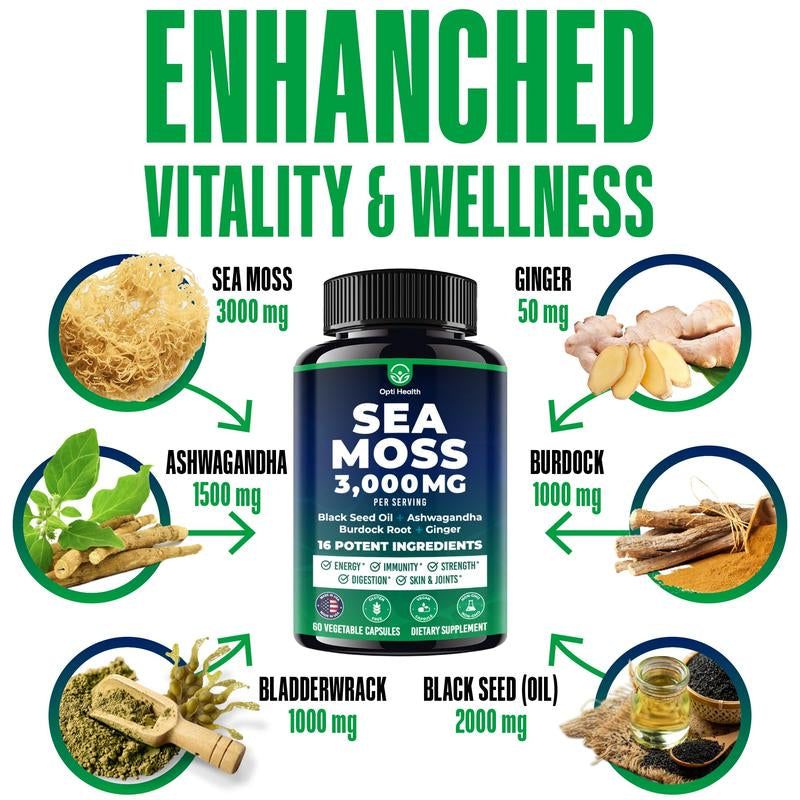 Sea Moss Black Seed Oil Ashwagandha Ginger - Advanced Irish Sea Moss Capsules All in One Supplement