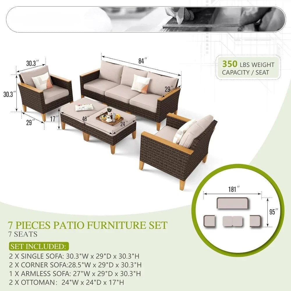 Wicker Patio Furniture Set, 2Corner Sofa, 2Single Sofa, 1Armless Sofa, 2Ottoman,Conversation Set Outdoor Rattan Sectional Sofa