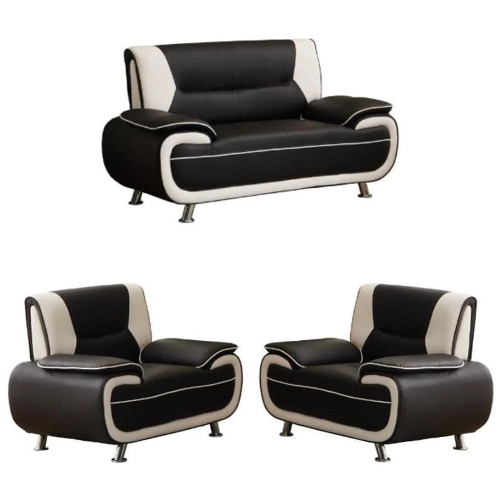 3-Piece Set with Faux Leather Loveseat & 2 Chairs in Black and White