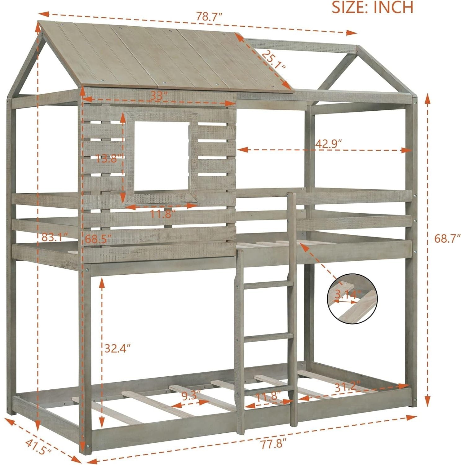 Twin House Bunk Bed, Floor Playhouse Bunk Beds for Kids, Twin over Twin House Shaped Bunk Bed with Roof, Antique Grey